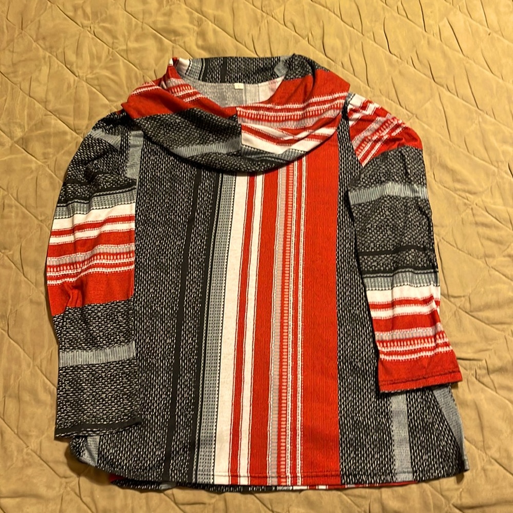 Comfy cowl neck top in bright red, white & blue from Zulily!